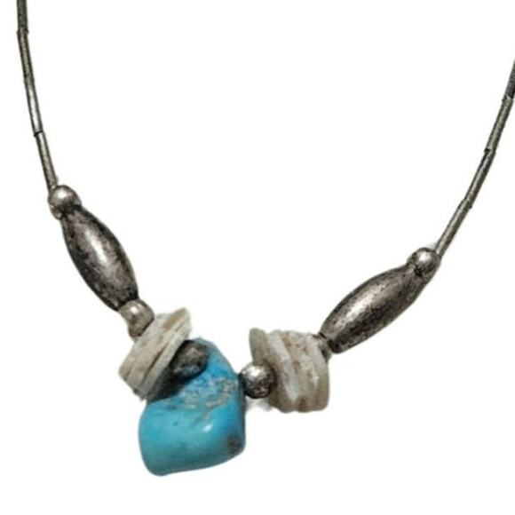 1970s Sterling Silver Liquid + Shell Beads + Turquoise Stone Necklace - Picture 2 of 6